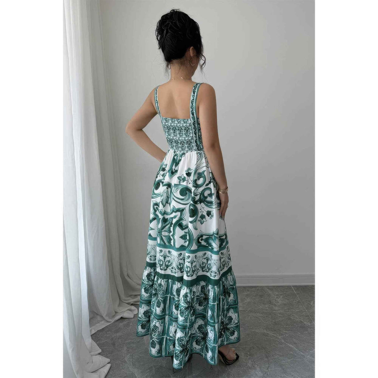 Sleeveless A Line Suspender Printed Long Dress