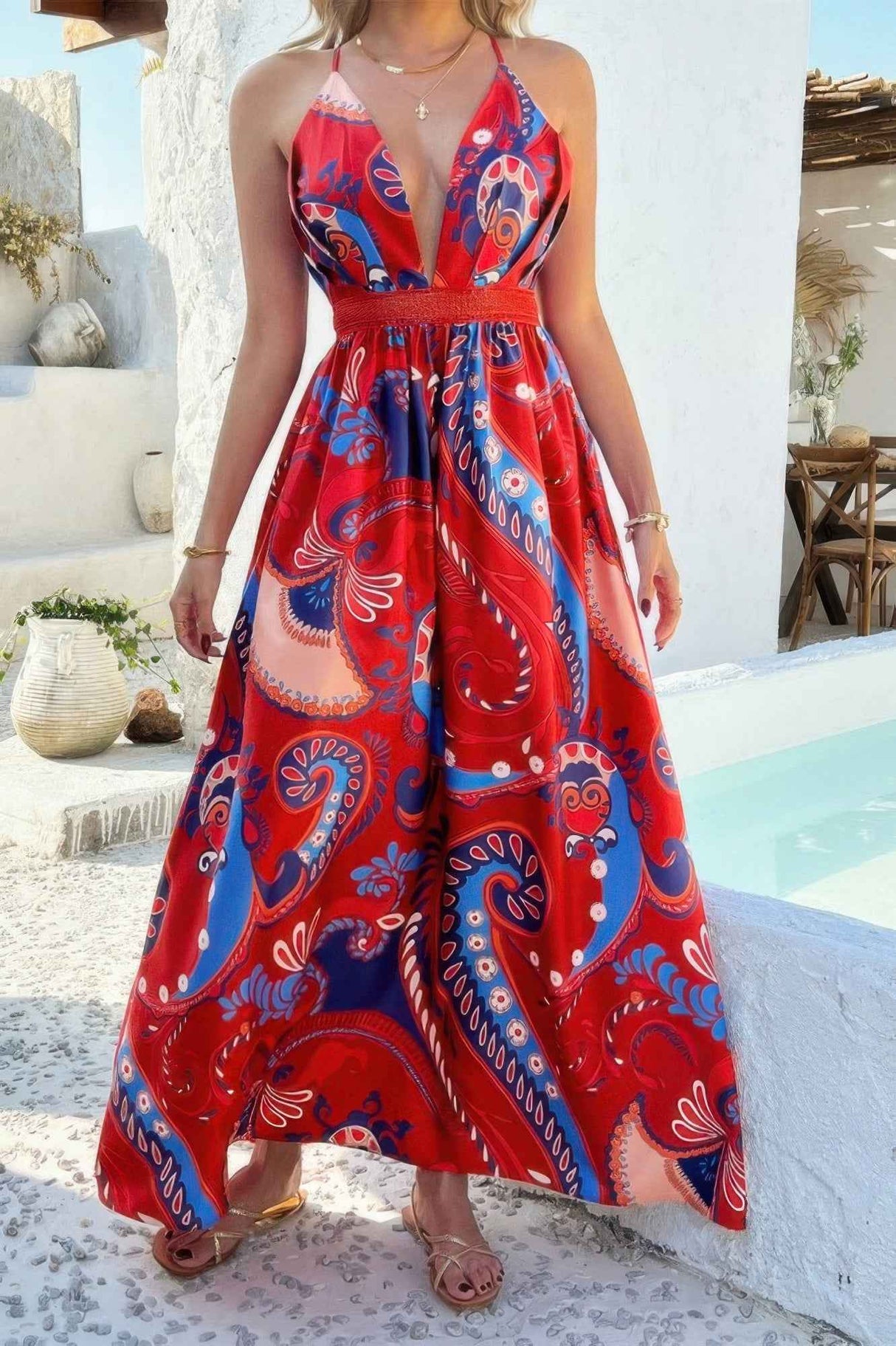 Halter Cross Back High Waist Deep V Neck Dress