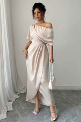 Solid One Shoulder Cross Ruched Dress