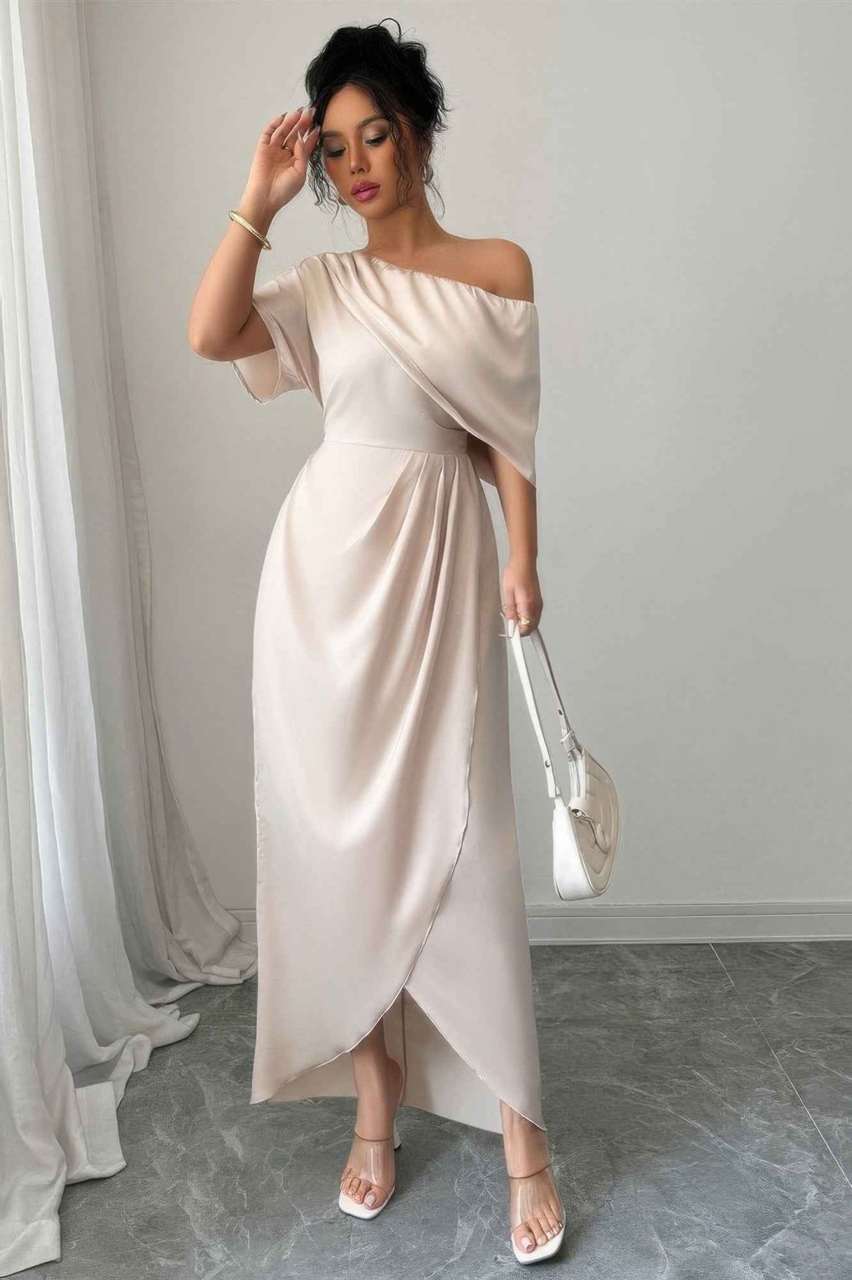 Solid One Shoulder Cross Ruched Dress