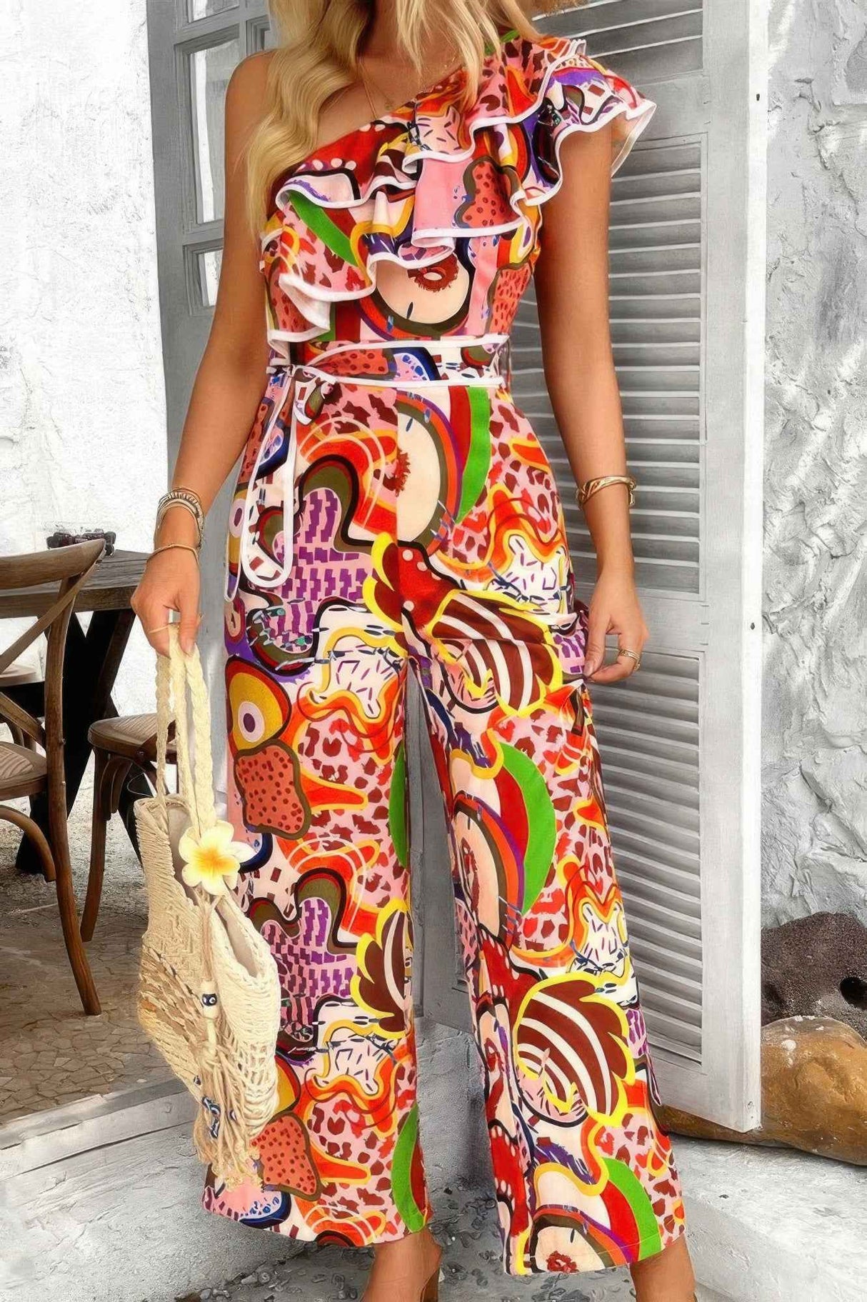 Allover Print One Shoulder Ruffle Belt Jumpsuit