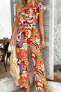 Allover Print One Shoulder Ruffle Belt Jumpsuit