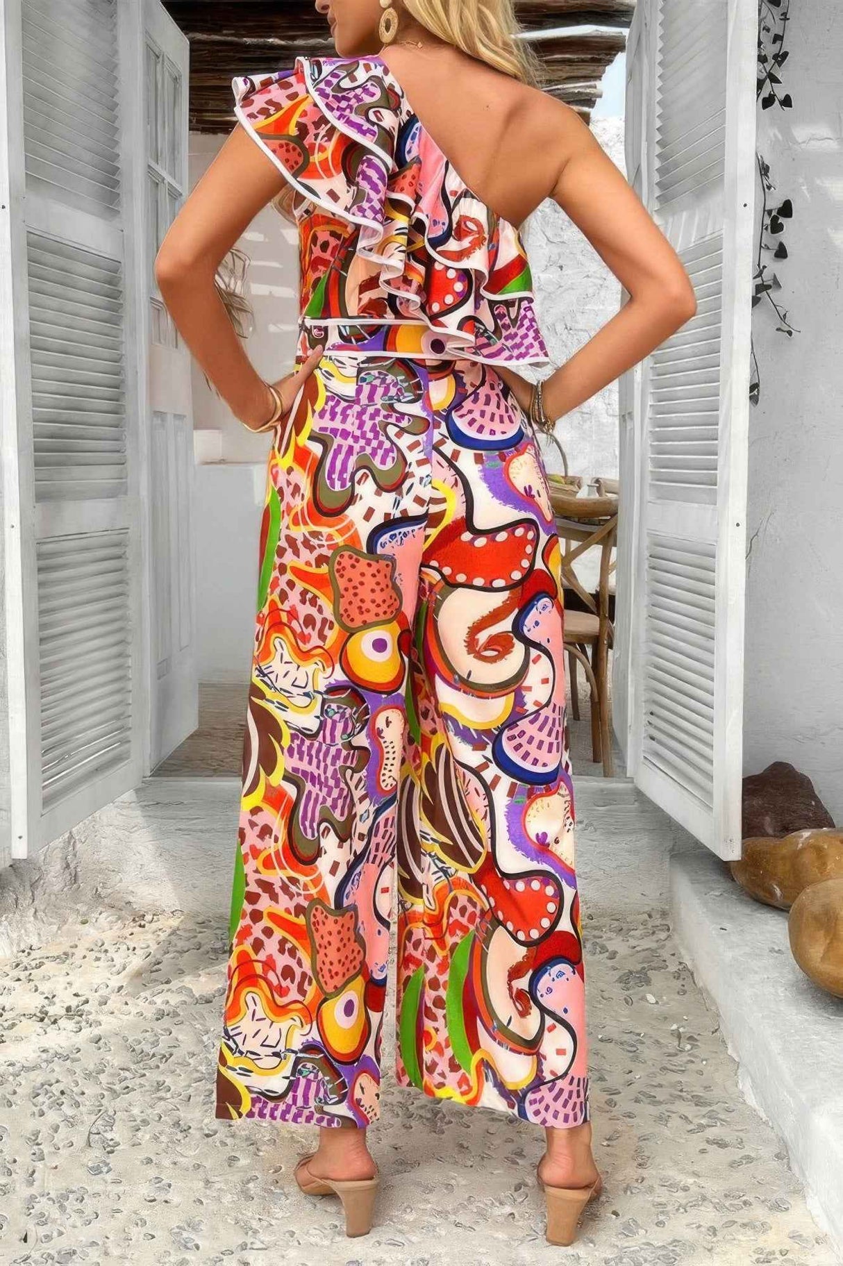 Allover Print One Shoulder Ruffle Belt Jumpsuit