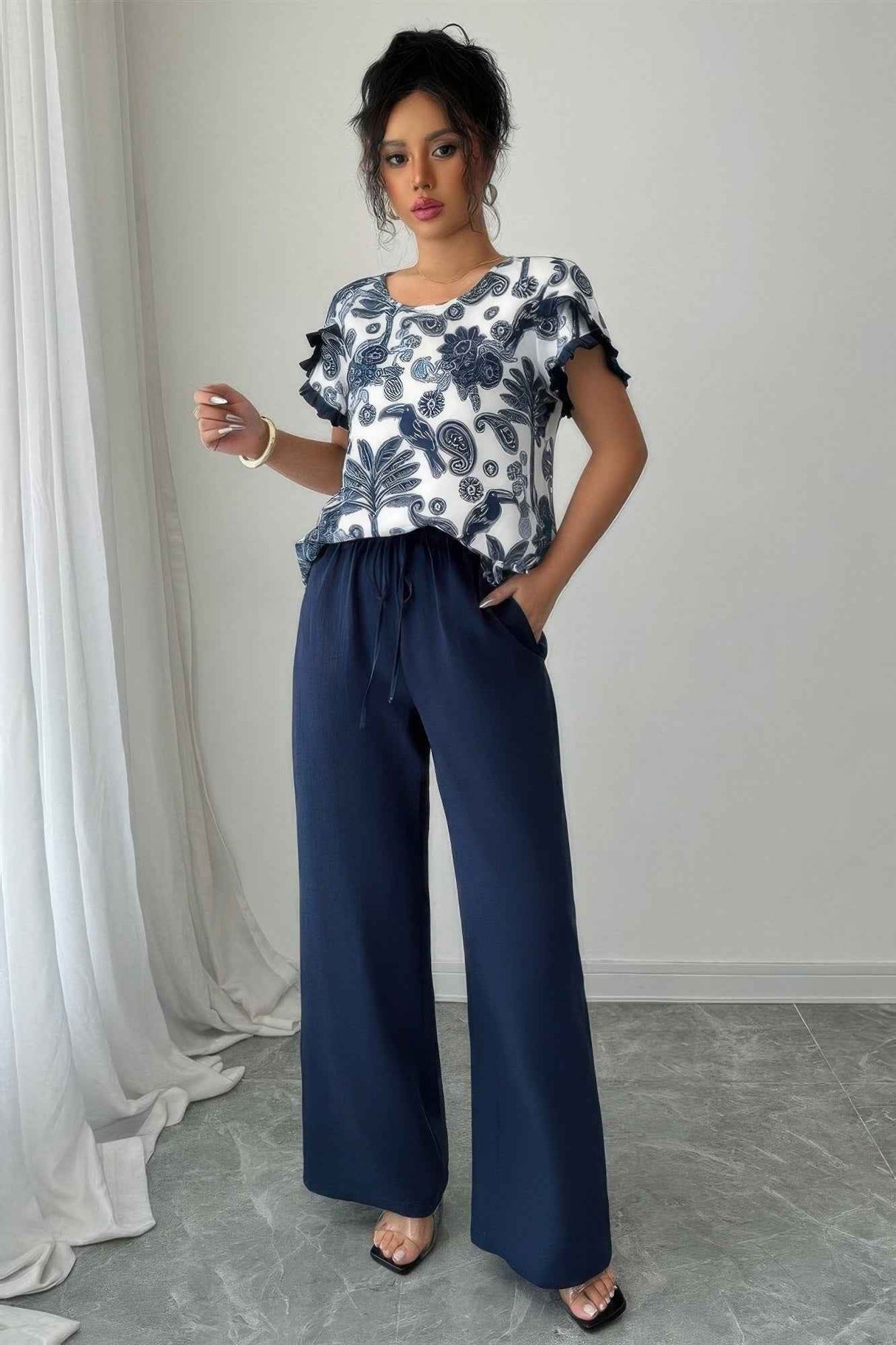 Two Pieces Floral Print Ruffle Hem Sleeve Sets
