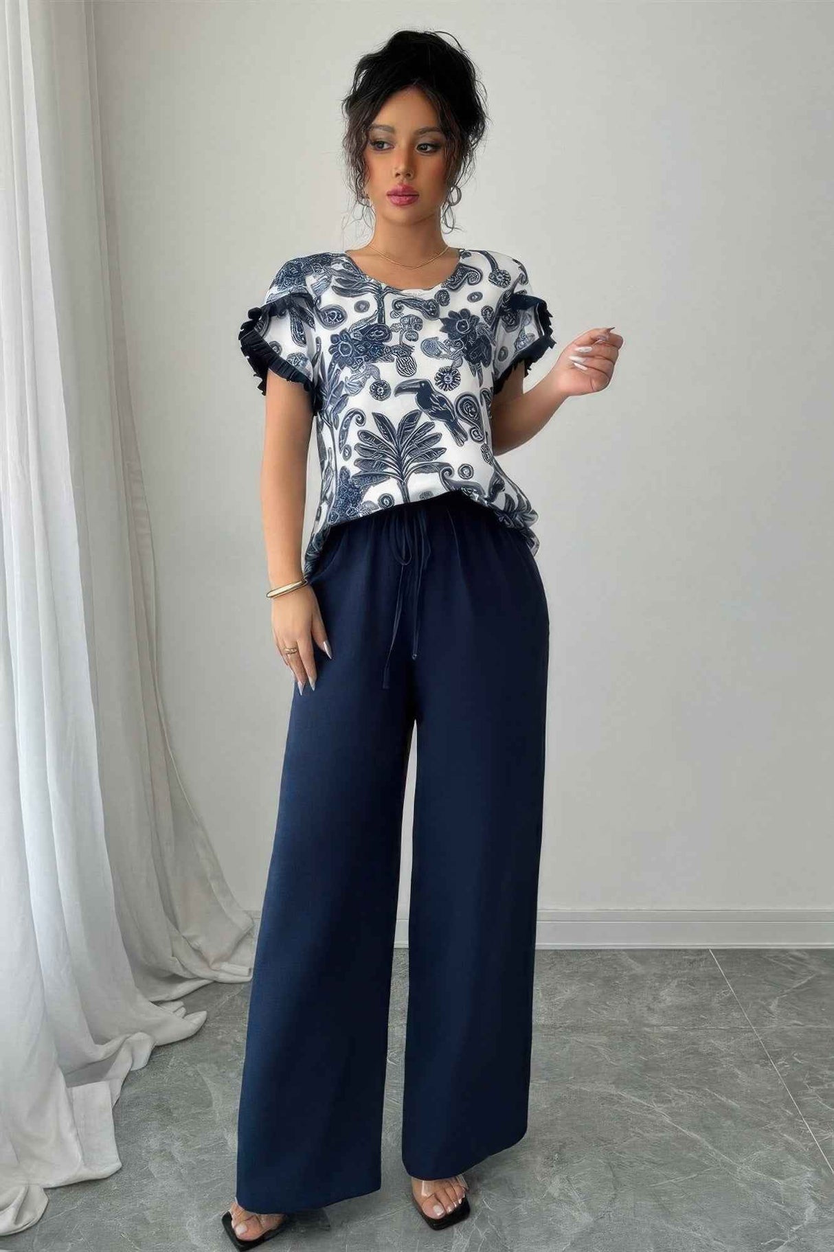 Two Pieces Floral Print Ruffle Hem Sleeve Sets
