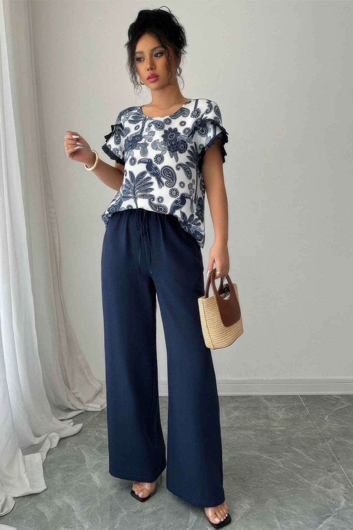 Two Pieces Floral Print Ruffle Hem Sleeve Sets