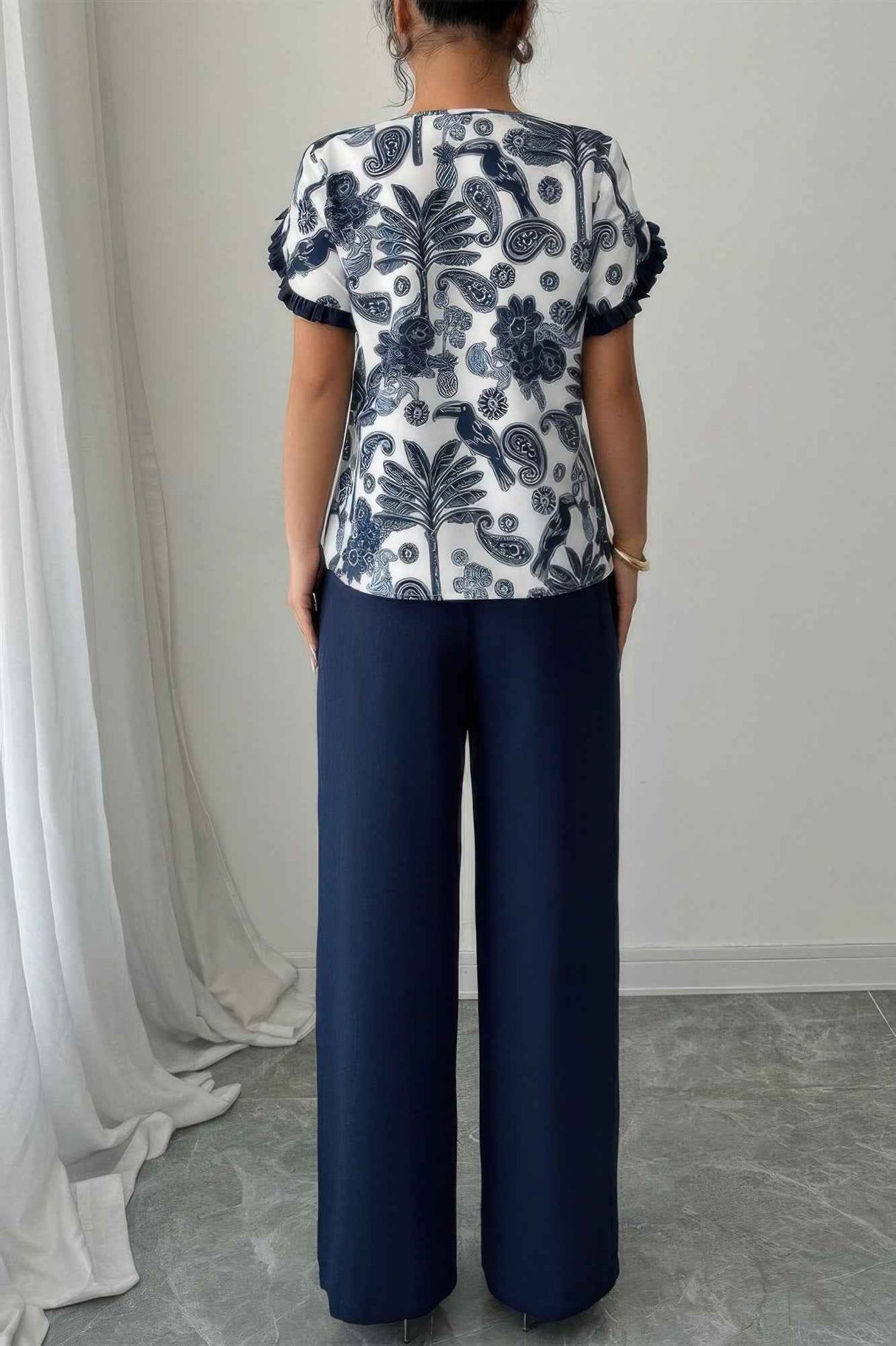 Two Pieces Floral Print Ruffle Hem Sleeve Sets