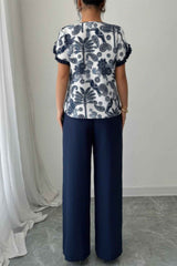 Two Pieces Floral Print Ruffle Hem Sleeve Sets