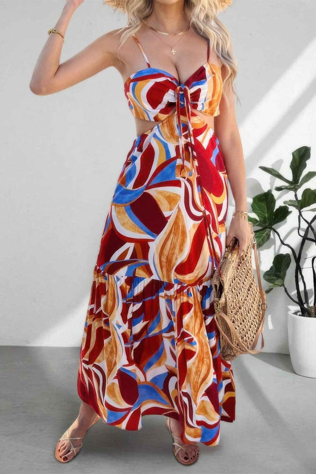 Sleeveless Front Knot Ruched Cut Out Long Dress