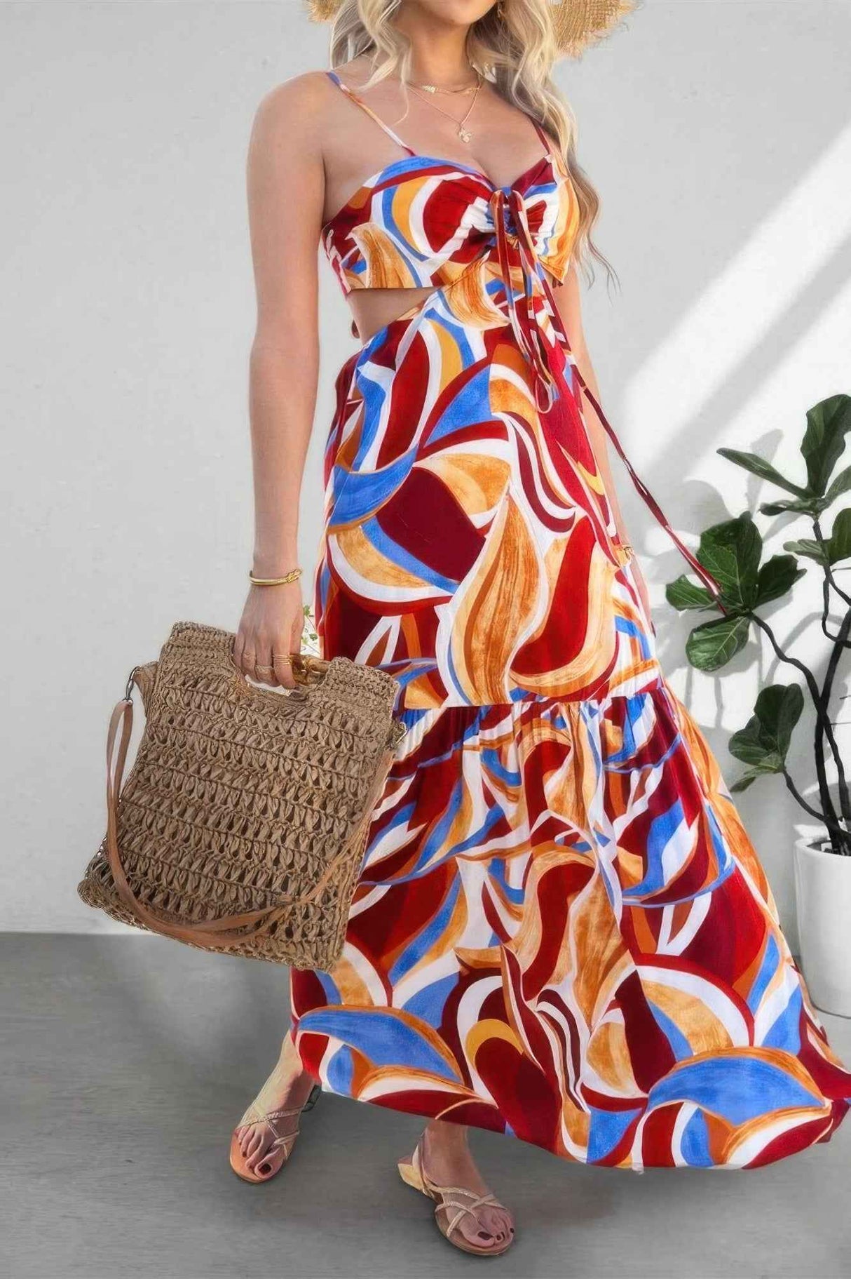 Sleeveless Front Knot Ruched Cut Out Long Dress
