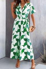 Button Geometric Print Belted Wide Leg Jumpsuit