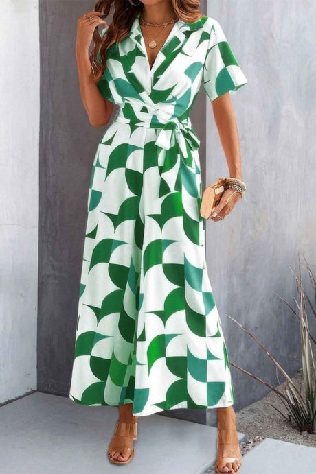 Button Geometric Print Belted Wide Leg Jumpsuit