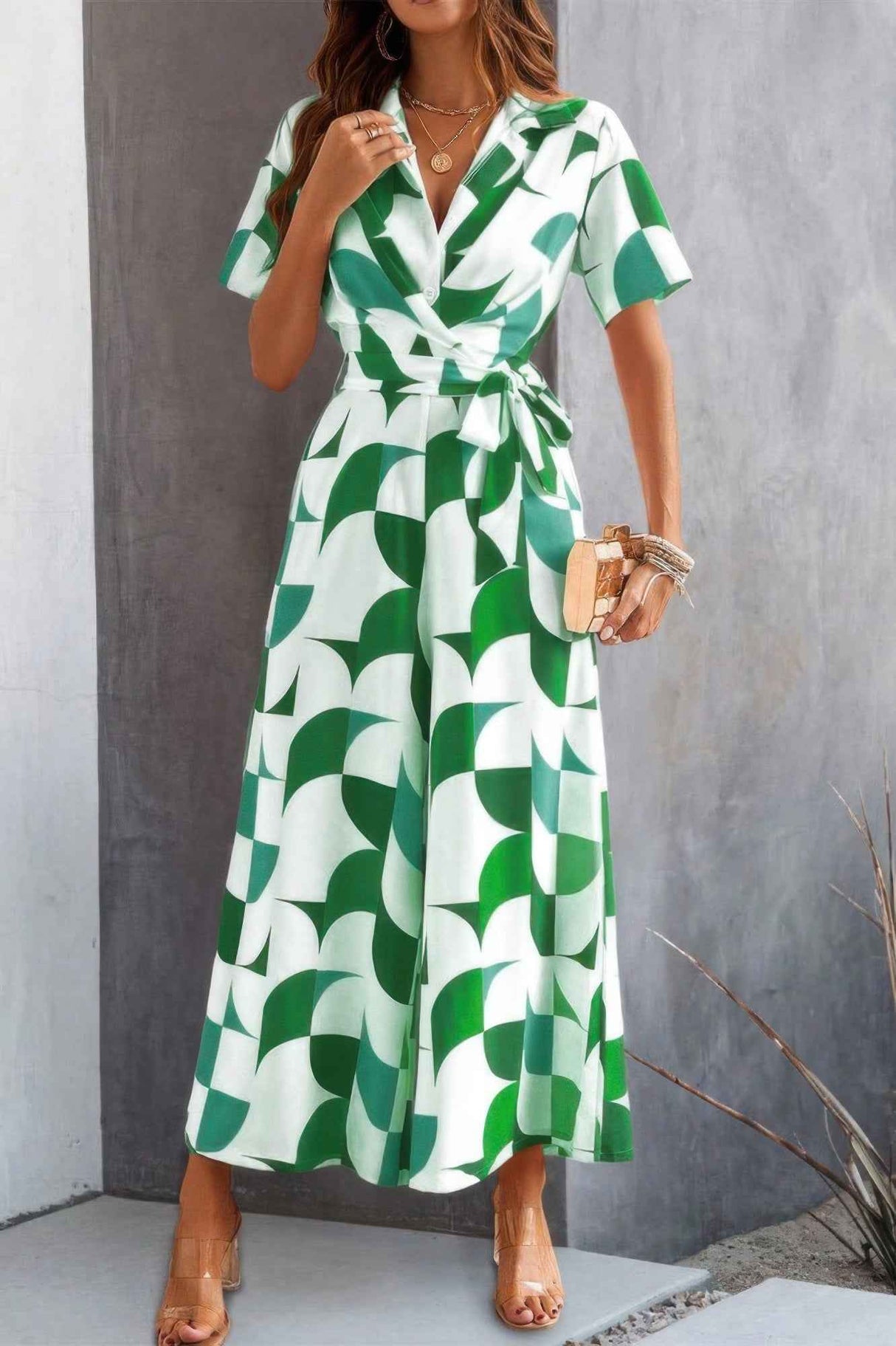Button Geometric Print Belted Wide Leg Jumpsuit