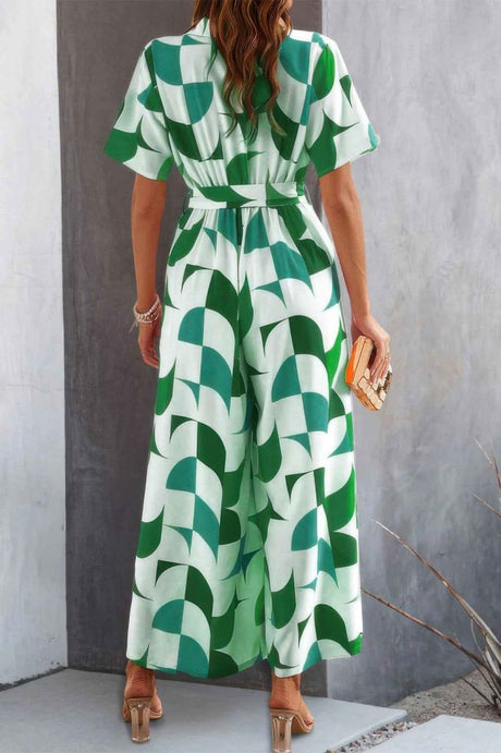 Button Geometric Print Belted Wide Leg Jumpsuit