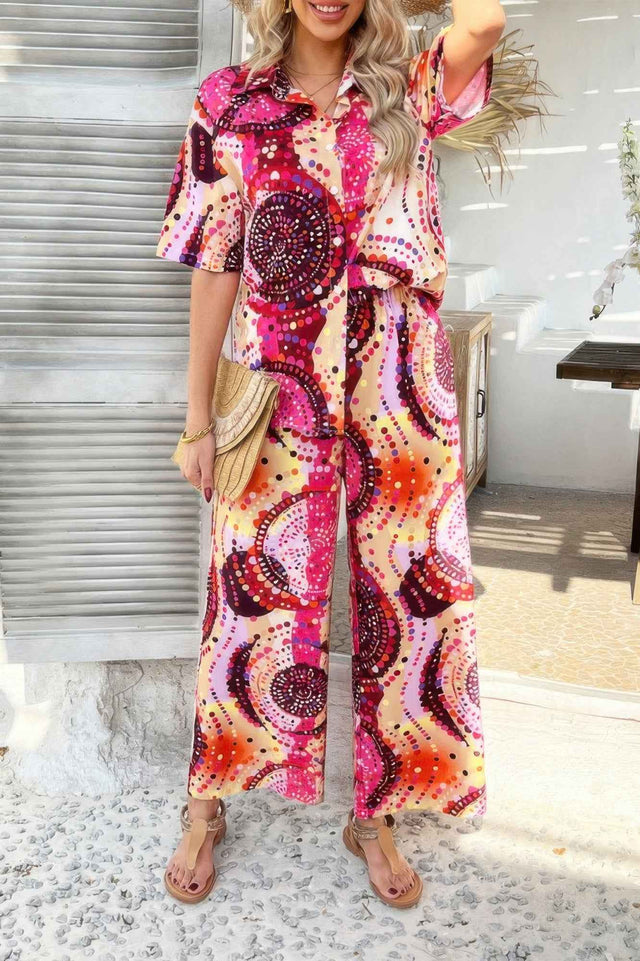 Two Pieces Printed Button Down Wide Leg Sets