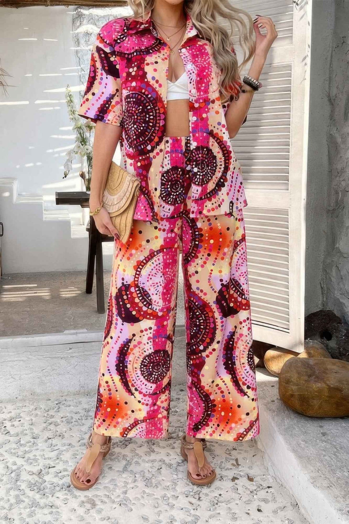 Two Pieces Printed Button Down Wide Leg Sets