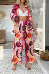 Two Pieces Printed Button Down Wide Leg Sets