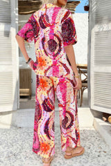 Two Pieces Printed Button Down Wide Leg Sets
