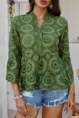 Solid Half Button Flounce Sleeve Peplum Blouse