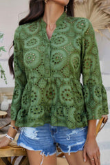Solid Half Button Flounce Sleeve Peplum Blouse