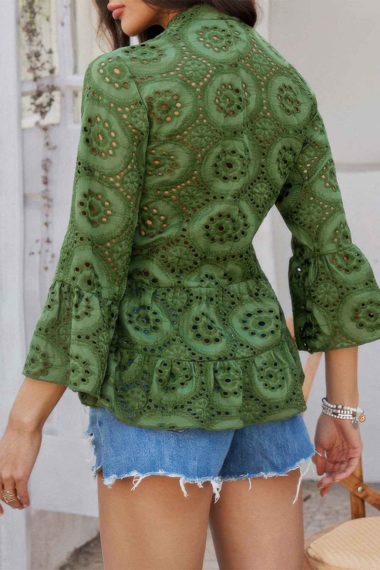 Solid Half Button Flounce Sleeve Peplum Blouse