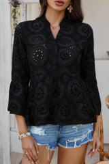 Solid Half Button Flounce Sleeve Peplum Blouse
