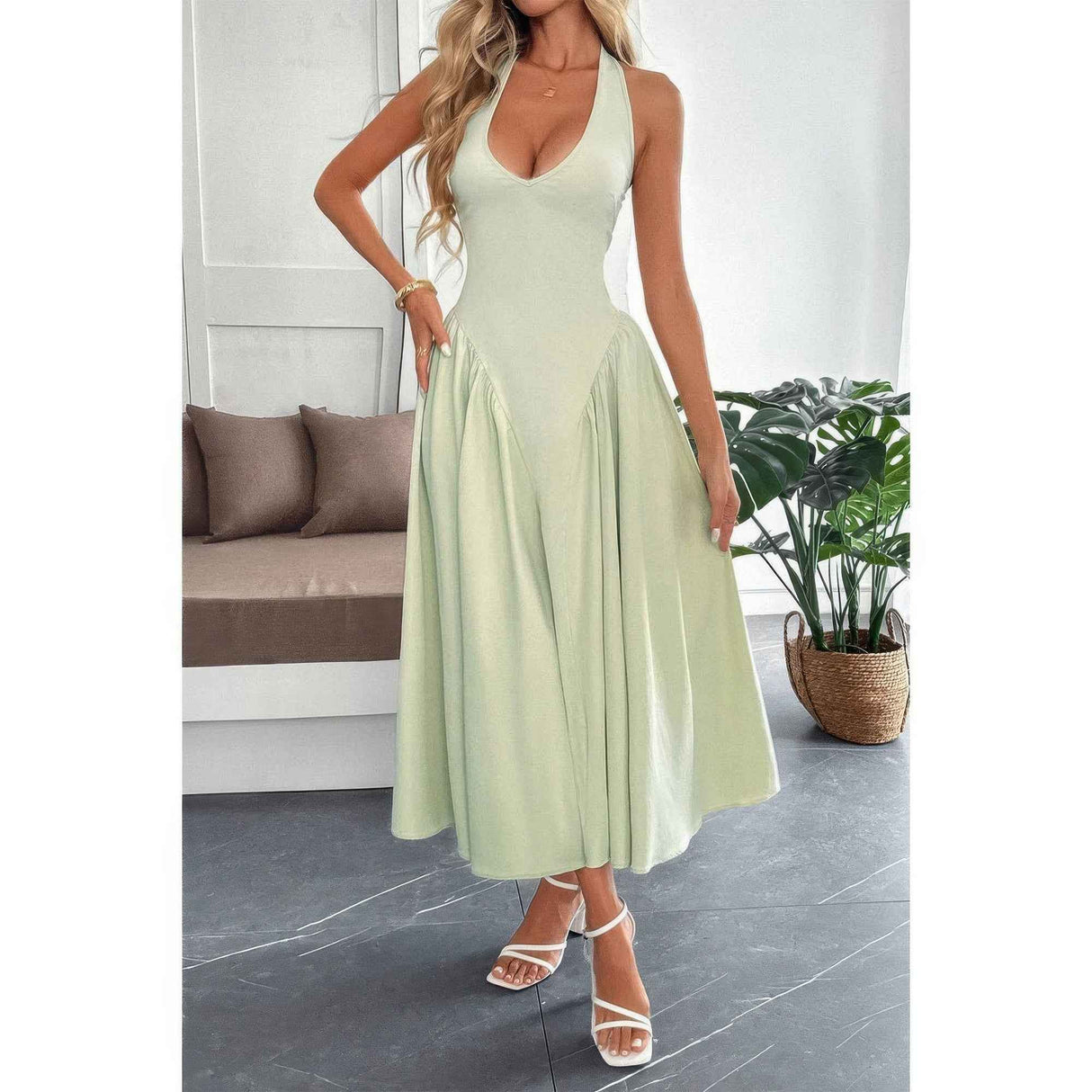 Solid Halter Hide Back Zipper Midi Sundress