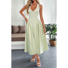 Solid Halter Hide Back Zipper Midi Sundress