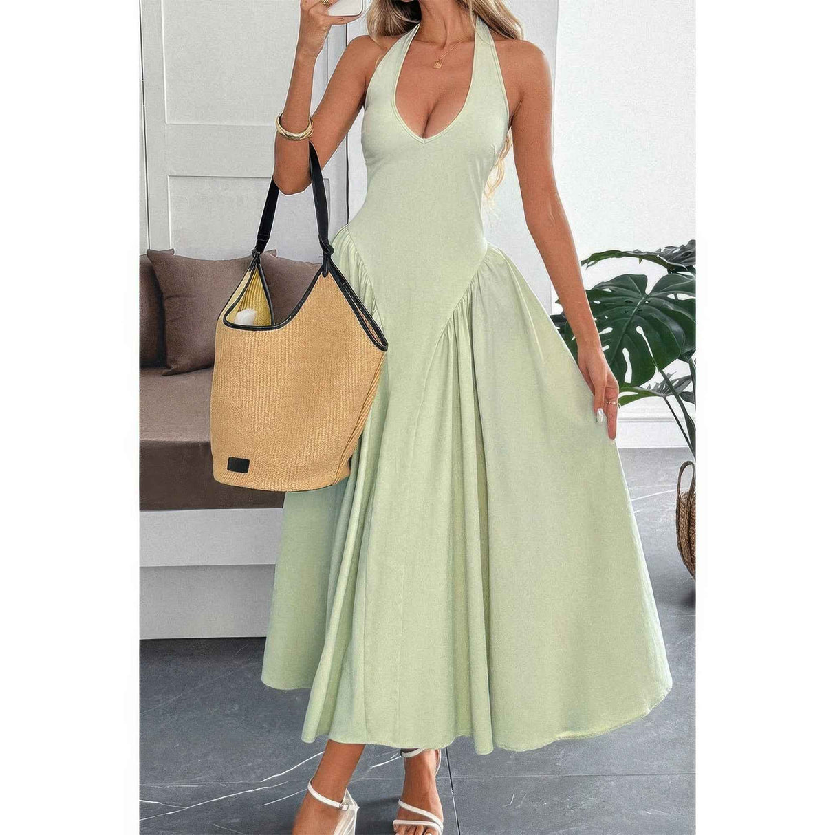 Solid Halter Hide Back Zipper Midi Sundress