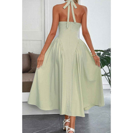 Solid Halter Hide Back Zipper Midi Sundress