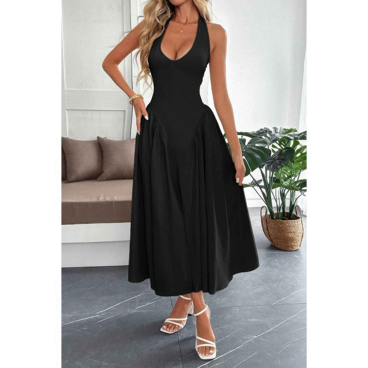 Solid Halter Hide Back Zipper Midi Sundress