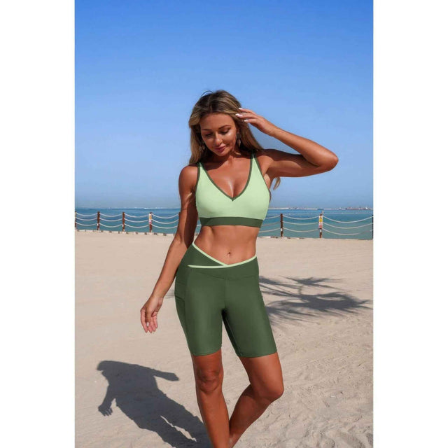 Two Piece Color Block Sports Sleeveless Yoga Sets
