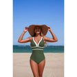 One Piece Color Block V Neck Stretch Swimsuit
