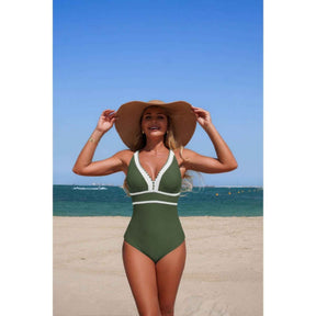 One Piece Color Block V Neck Stretch Swimsuit