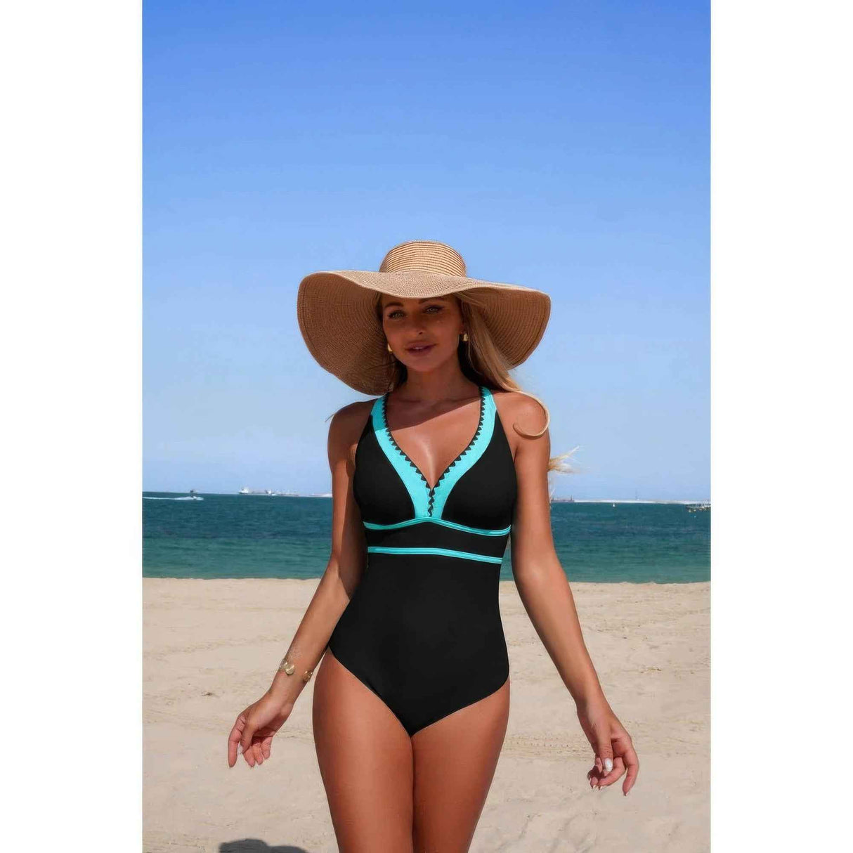 One Piece Color Block V Neck Stretch Swimsuit