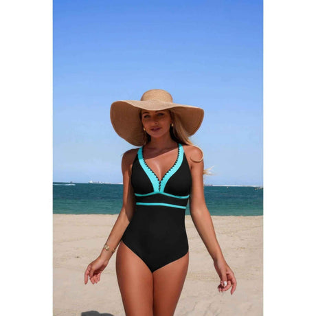 One Piece Color Block V Neck Stretch Swimsuit