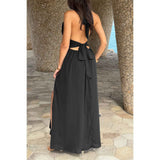 Halter V Neck Solid High Slit Bow Tie Maxi Dress