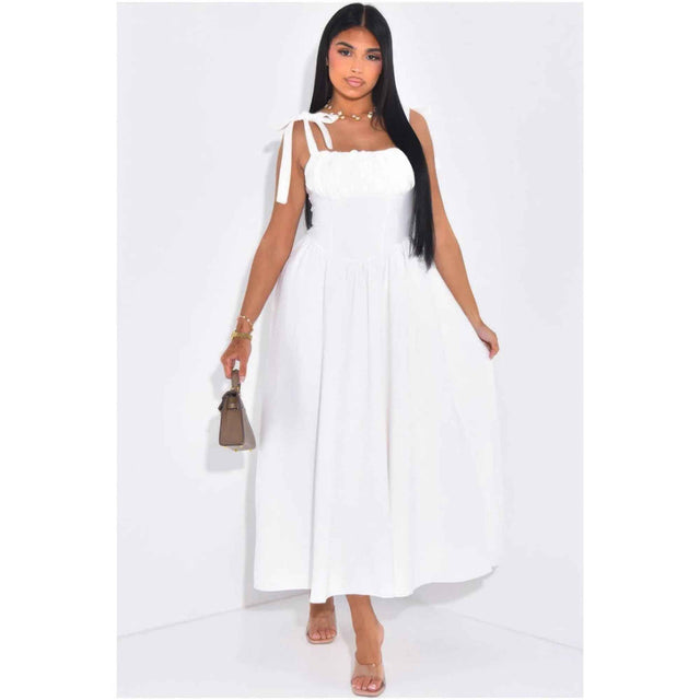 Solid Tie Straps Waist Corset Ruched Full Dress