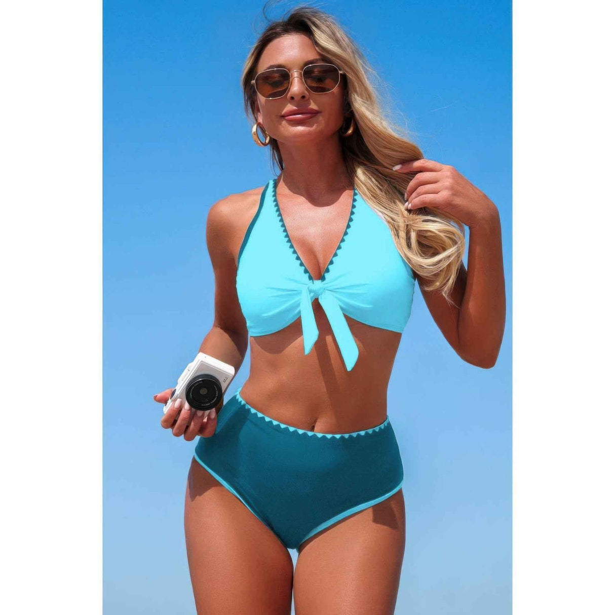 Two Piece Tie Knot Contrast High Waisted Bikini