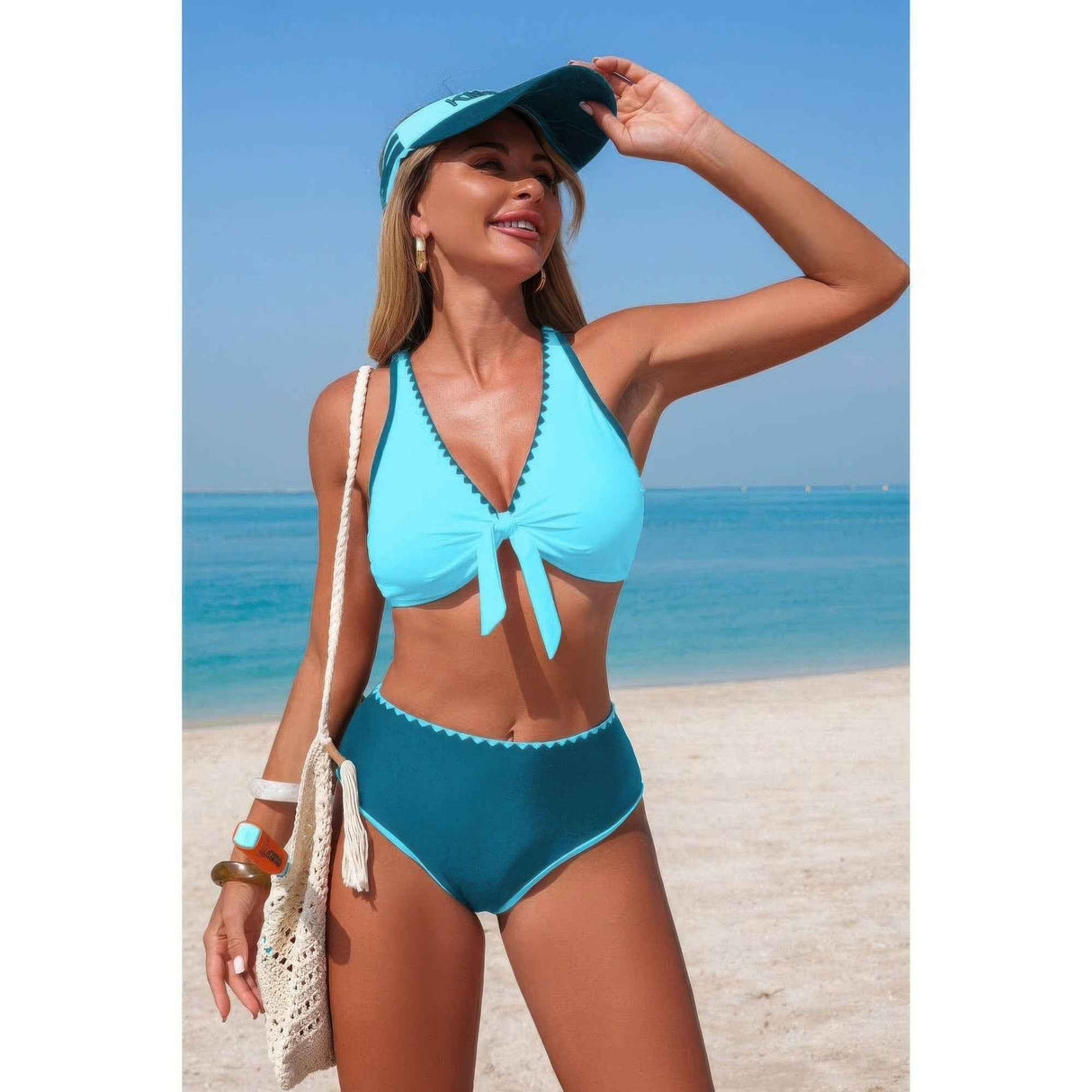Two Piece Tie Knot Contrast High Waisted Bikini