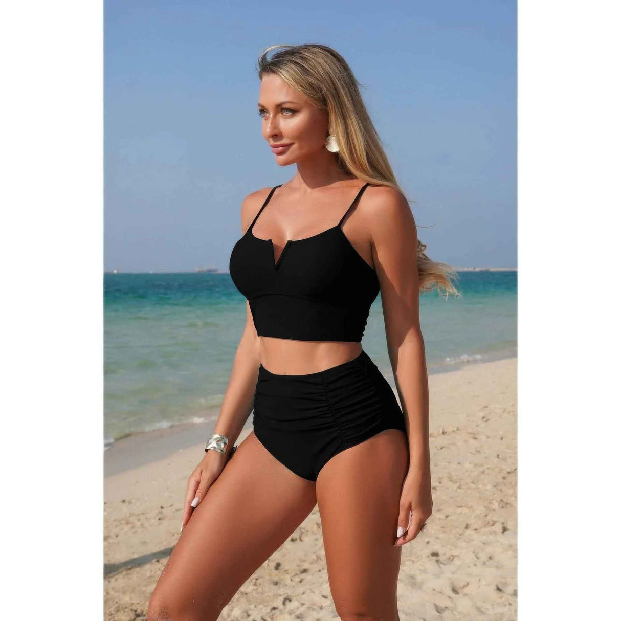 Two Piece Solid Strap High Waiste Pleated Bikini
