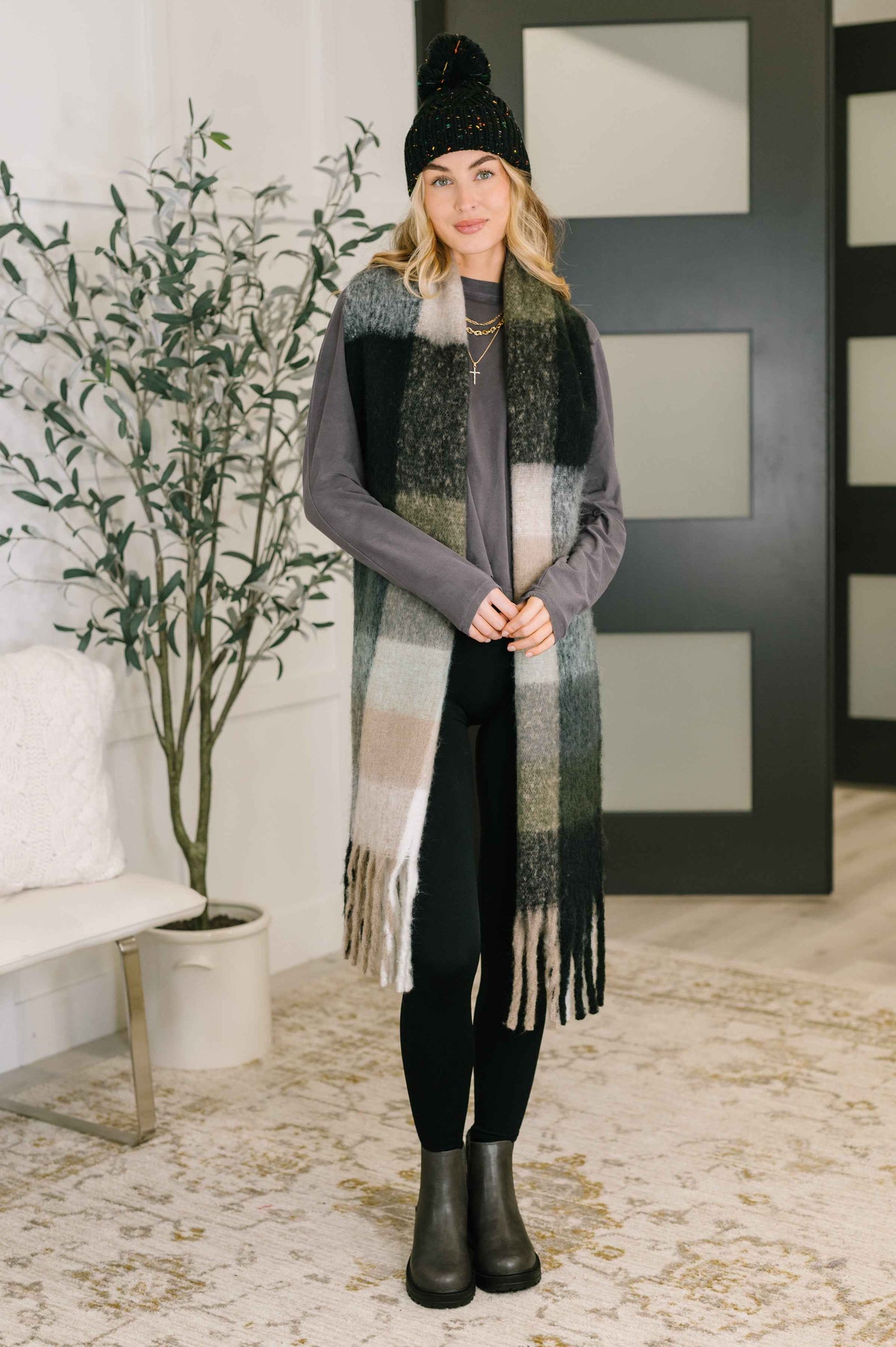 Wanderlust Wrap Oversized Plaid Fringe Scarf in Grey and Jade