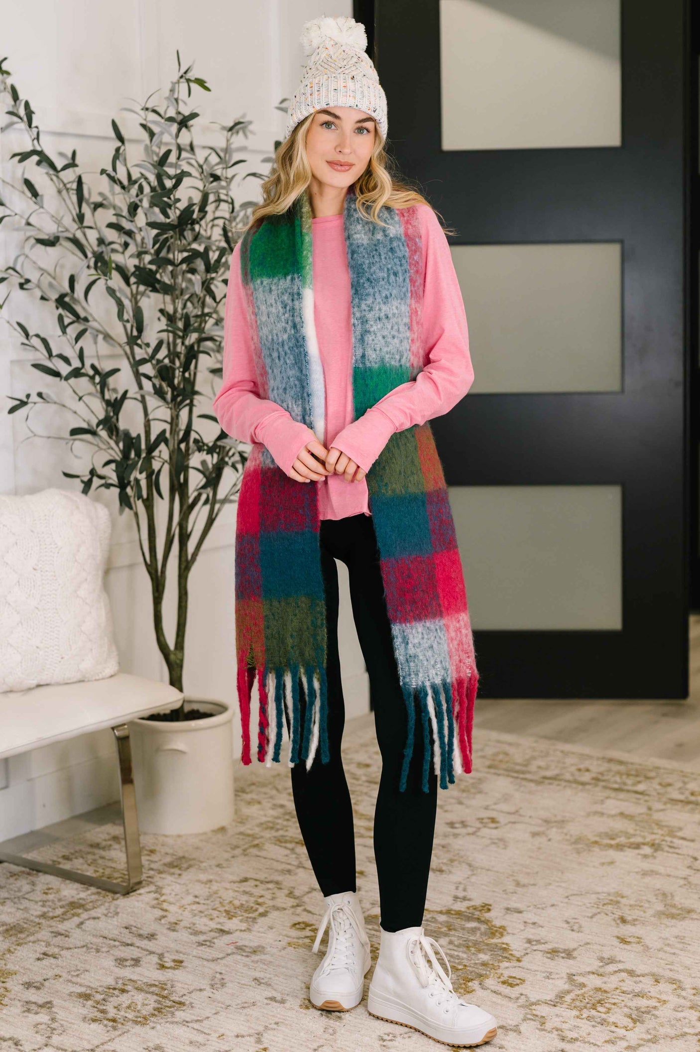 Wanderlust Wrap Oversized Plaid Fringe Scarf in Magenta and Teal
