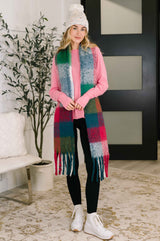 Wanderlust Wrap Oversized Plaid Fringe Scarf in Magenta and Teal