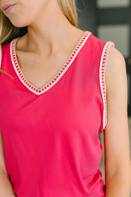 Whisper Trim Detailed V-Neck Tank in Hot Pink