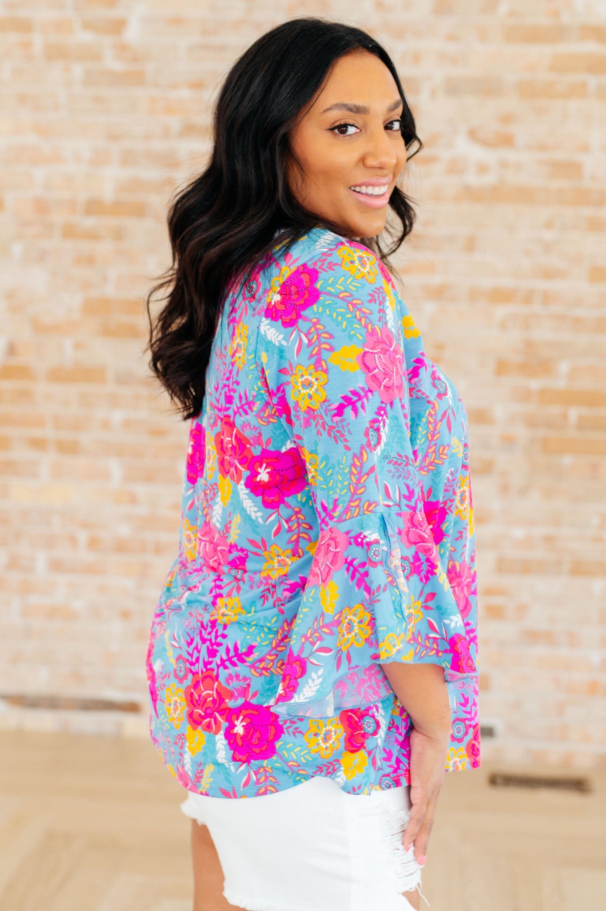 Willow Bell Sleeve Top in Bright Blue Floral - Liarian Unlimited Boutique