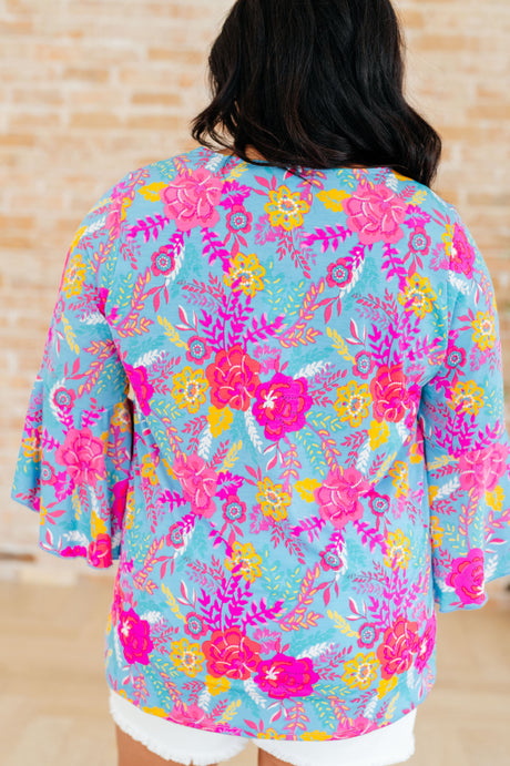 Willow Bell Sleeve Top in Bright Blue Floral - Liarian Unlimited Boutique