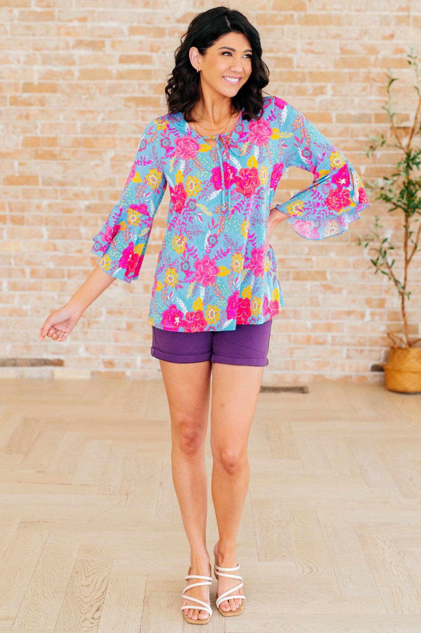 Willow Bell Sleeve Top in Bright Blue Floral - Liarian Unlimited Boutique
