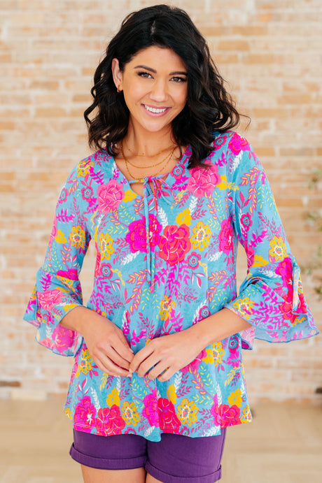 Willow Bell Sleeve Top in Bright Blue Floral - Liarian Unlimited Boutique