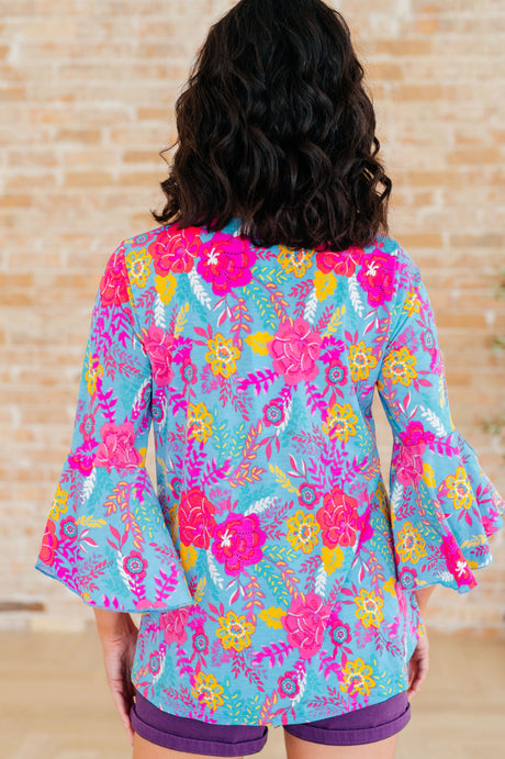 Willow Bell Sleeve Top in Bright Blue Floral - Liarian Unlimited Boutique